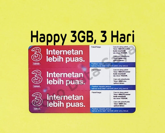 Voucher Kuota Data 3 / Three / Tri Happy 3GB, 3 Hari Jatim-Jateng NEW total (4GB)